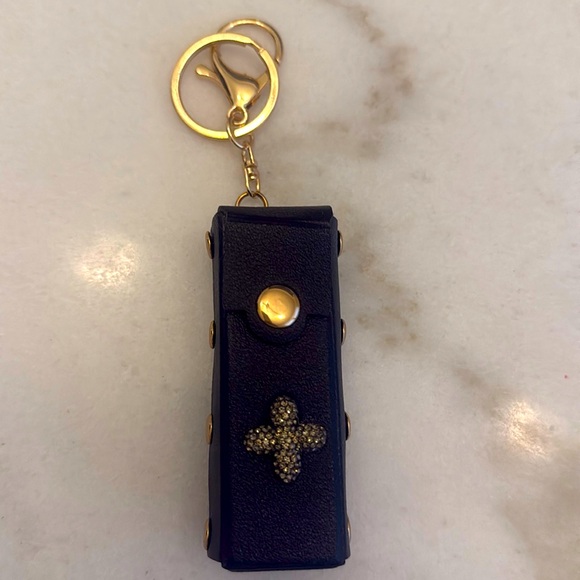 Accessories - Vegan leather lip balm/lipstick case keychain with jeweled accent and gold tone.